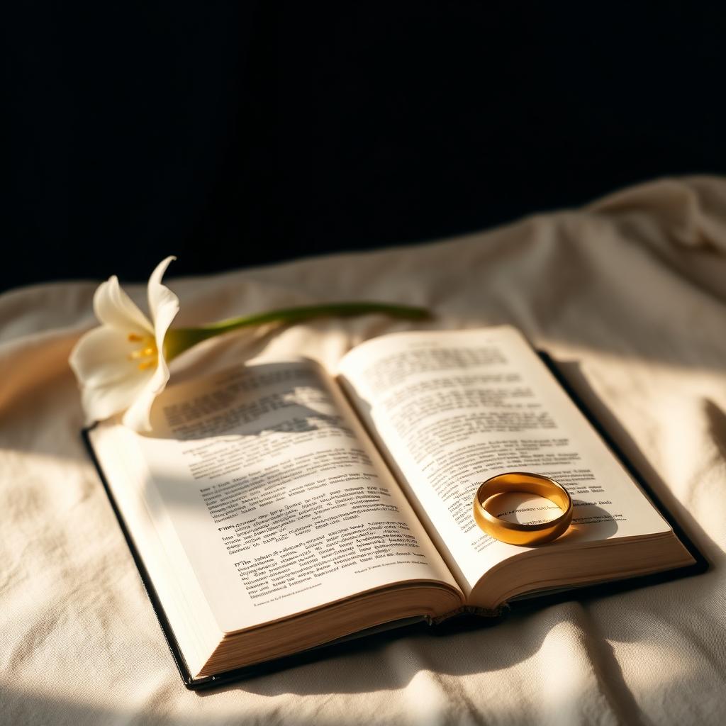 Open Bible with a lily and a wedding ring